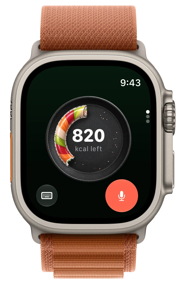 YumLog on Apple Watch: today’s Rainbow Roll plate with 820 kcal left, and the mic to log